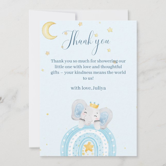 Cute elephant  blue boy baby shower  thank you card (Front)