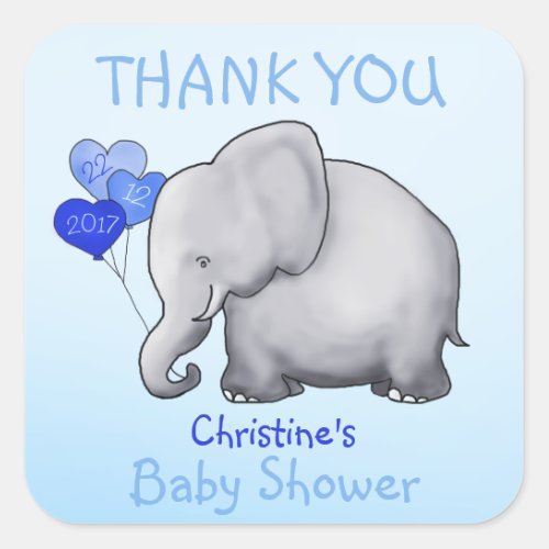 Cute Elephant Blue Boy Baby Shower Thank You Favor Square Sticker