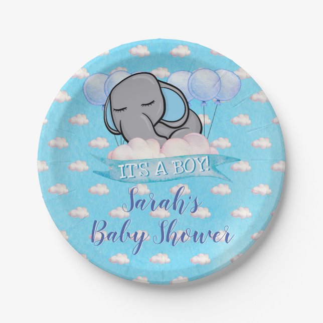 Cute Elephant Blue Boy Baby Shower Watercolor Paper Plates (Front)