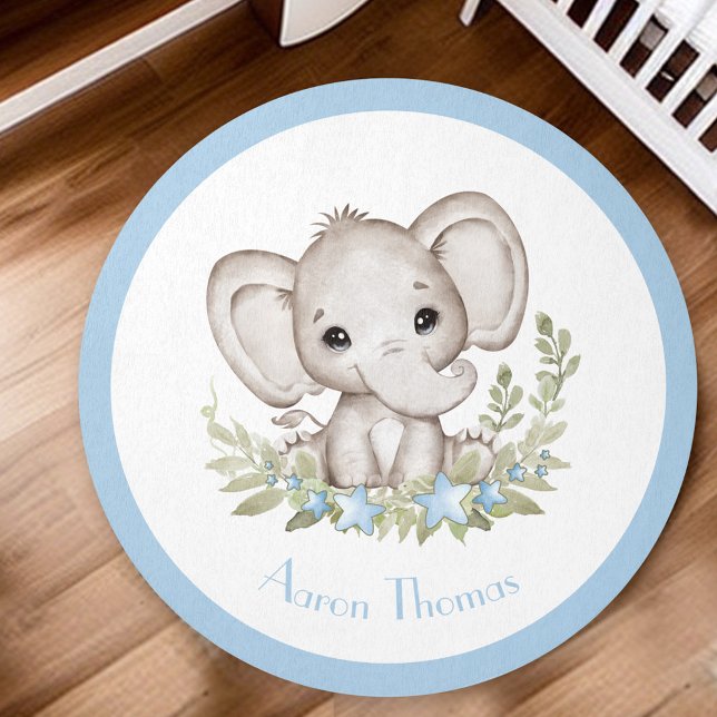 Cute Elephant Blue Boy Name Nursery Rug (Cute Elephant Blue Boy Name Nursery Rug)