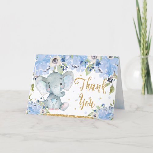 Cute Elephant Blue Floral Baby Shower Thank You Card