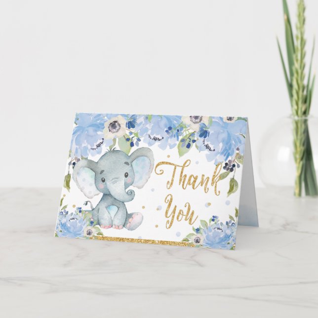 Cute Elephant Blue Floral Baby Shower Thank You Card (Front)