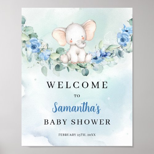 Cute elephant blue floral Baby Shower welcome Poster
