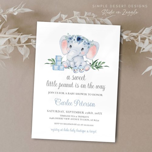 Cute Elephant Blue Floral Boy Baby Shower Invitation