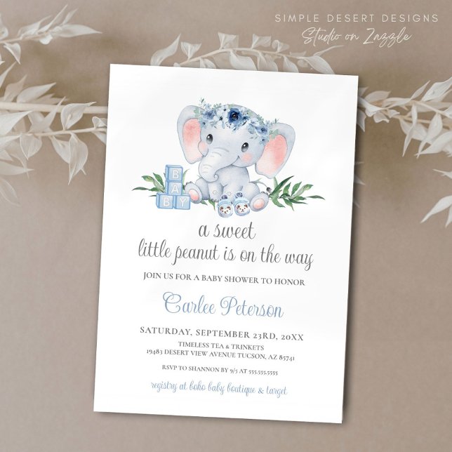 Cute Elephant Blue Floral Boy Baby Shower Invitation (Cute Elephant Baby Shower Invitation with Blue Floral and Greenery, Calligraphy Script)