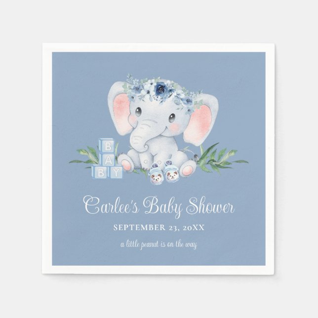 Cute Elephant Blue Floral Boy Baby Shower Napkins (Front)