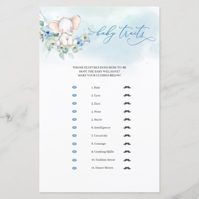 Cute elephant blue floral eucalyptus Baby Traits  (Front)