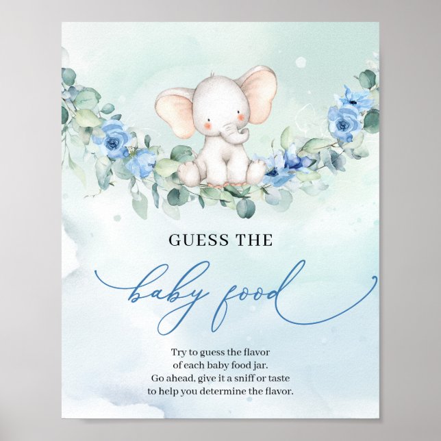 Cute elephant blue flower Guess The Baby Food game Poster (Front)