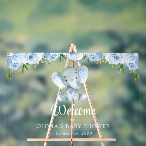 Cute Elephant Blue Flowers Baby Shower Welcome Acrylic Sign