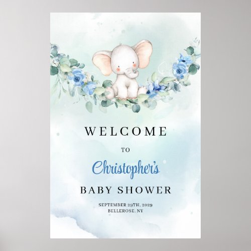 Cute elephant blue flowers Boy Baby Shower Welcome Poster