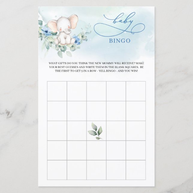 Cute elephant blue flowers eucalyptus baby bingo (Front)