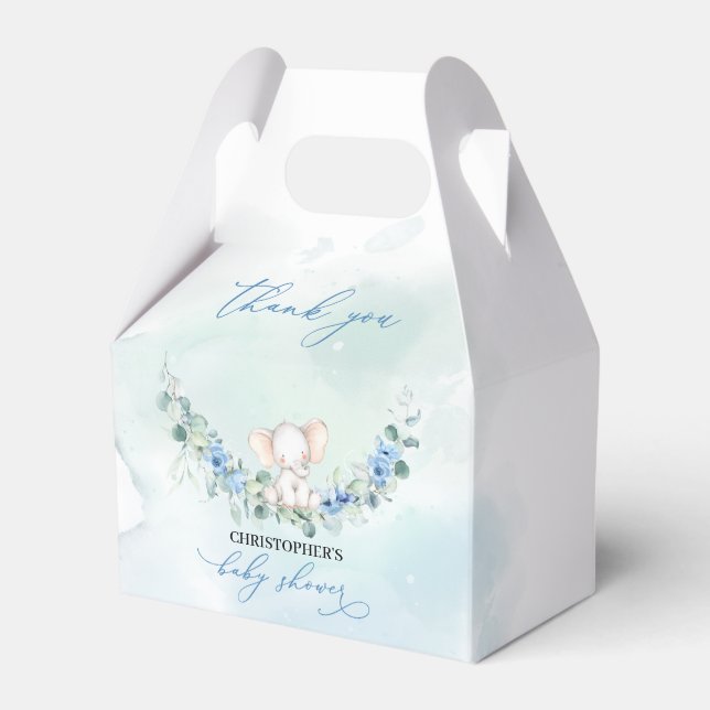 Cute elephant blue flowers eucalyptus wreath favor boxes (Front Side)