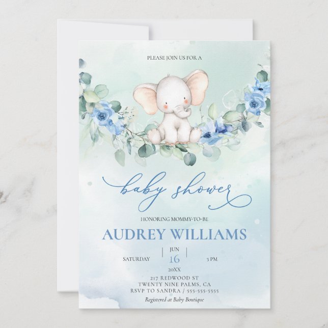 Cute Elephant Blue Flowers Invitation (Front)