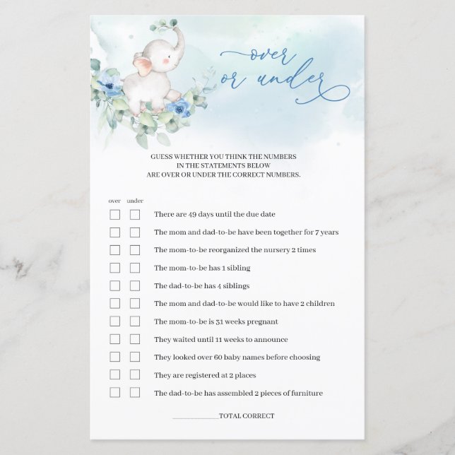 Cute elephant blue flowers over or under baby game (Front)