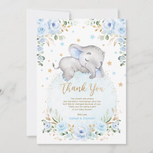 Cute Elephant Blue Gold Moon Stars Boy Baby Shower Thank You Card