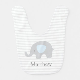 Cute Elephant Blue Gray Striped Boy Baby Bib