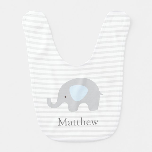 Cute Elephant Blue Gray Striped Boy Baby Bib (Front)