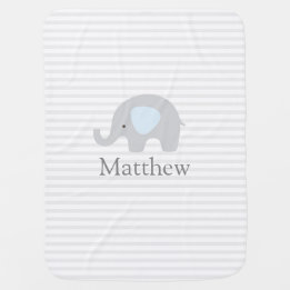 Cute Elephant Blue Gray Striped Boy Baby Blanket