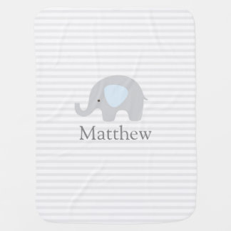 Cute Elephant Blue Gray Striped Boy Baby Blanket