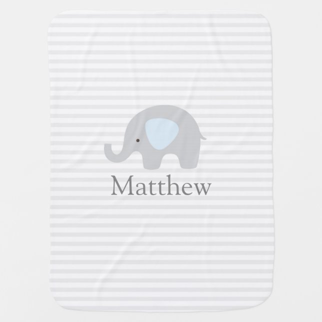 Cute Elephant Blue Gray Striped Boy Baby Blanket (Front)