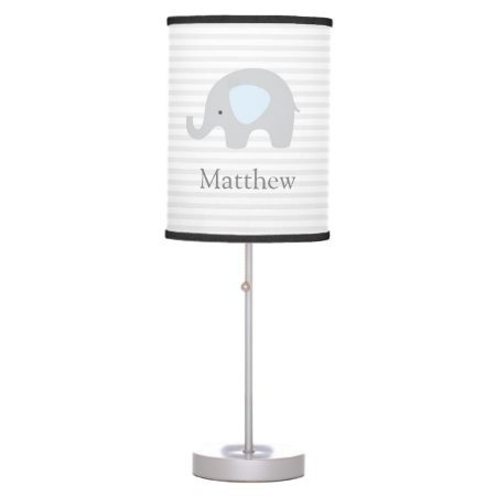 Cute Elephant Blue Gray Striped Boy Baby Nursery Table Lamp