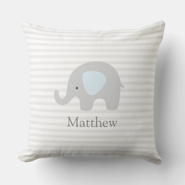 Cute Elephant Blue Gray Striped Boy  Throw Pillow (Front)