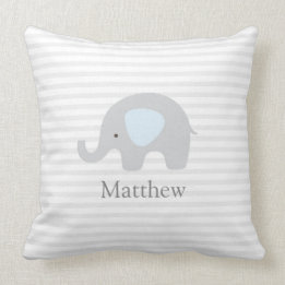 Cute Elephant Blue Gray Striped Boy Throw Pillow