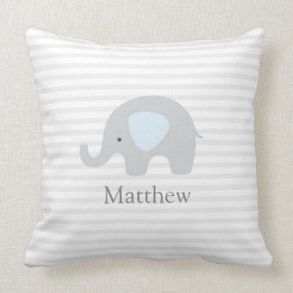 Cute Elephant Blue Gray Striped Boy Throw Pillow