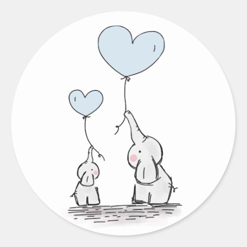 Cute Elephant Blue Heart Balloons Boy Baby Shower Classic Round Sticker