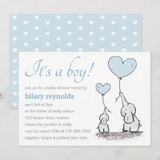 Cute Elephant Blue Heart Balloons Boy Baby Shower Invitation