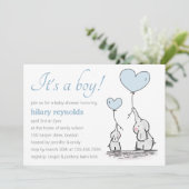 Cute Elephant Blue Heart Balloons Boy Baby Shower Invitation (Standing Front)