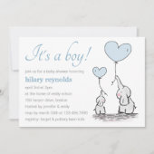 Cute Elephant Blue Heart Balloons Boy Baby Shower Invitation (Front)
