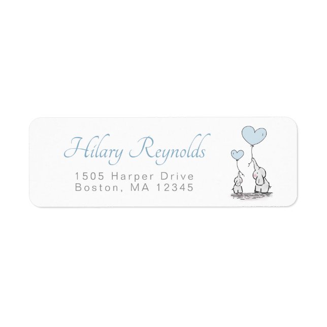 Cute Elephant Blue Heart Balloons Boy Baby Shower Label (Front)