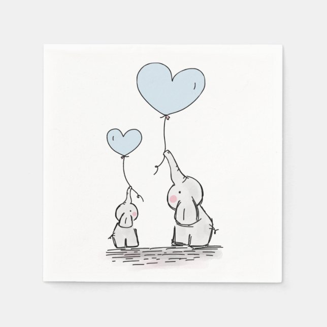 Cute Elephant Blue Heart Balloons Boy Baby Shower Napkins (Front)