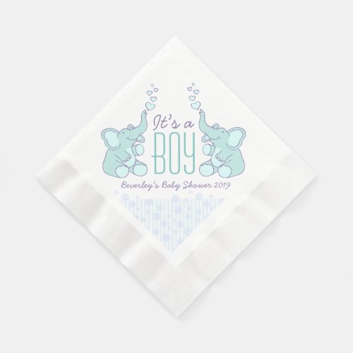 Cute Elephant blue named baby shower boy napkin