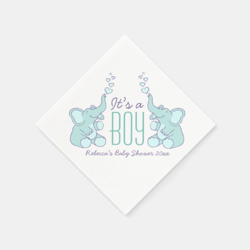 Cute Elephant blue named baby shower boy napkin
