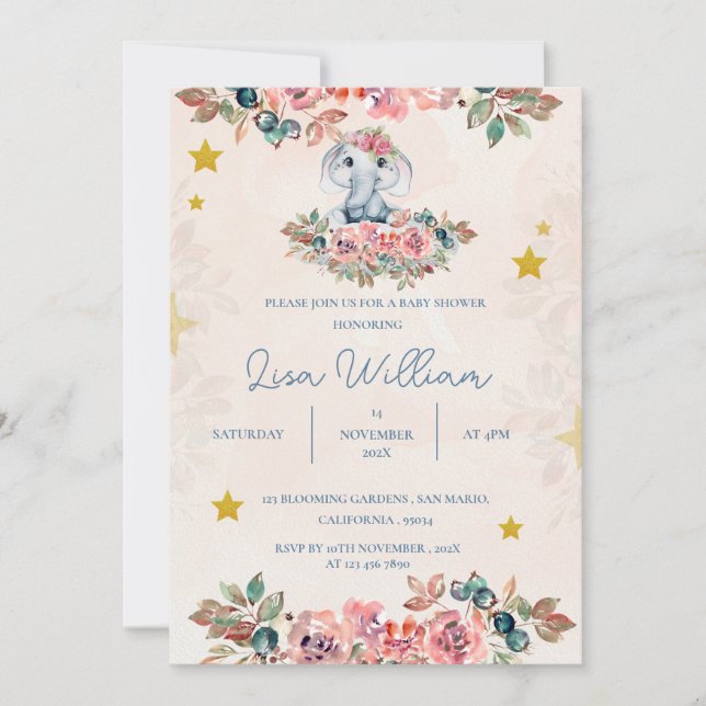 Cute Elephant Blue Peach Green Floral Baby Shower Invitation (Front)
