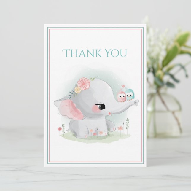 Cute Elephant Blue Pink Baby Shower Thank You Card (Standing Front)