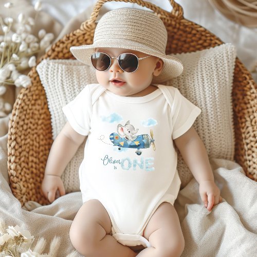 Cute Elephant Blue Plane One 1st Birthday Outfit Baby Bodysuit