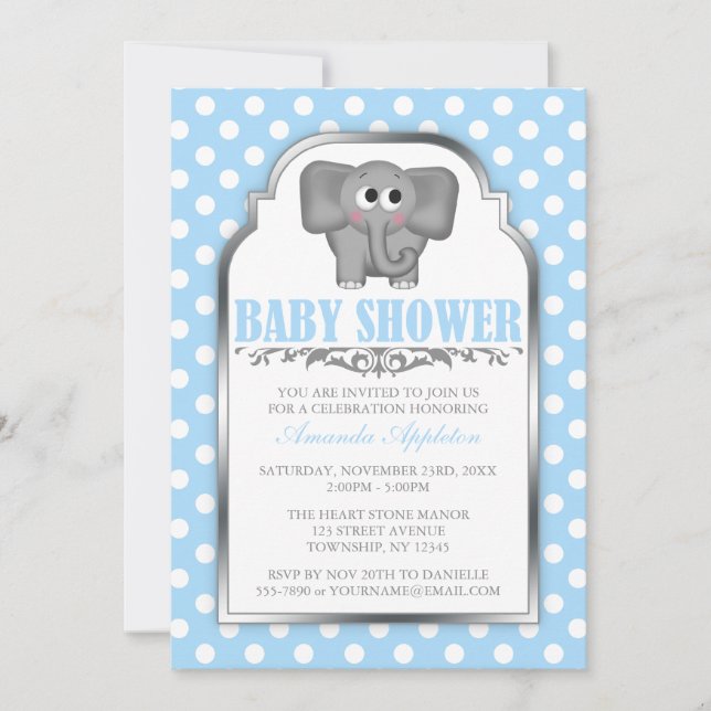 Cute Elephant Blue Polka Dot Baby Shower Invitation (Front)