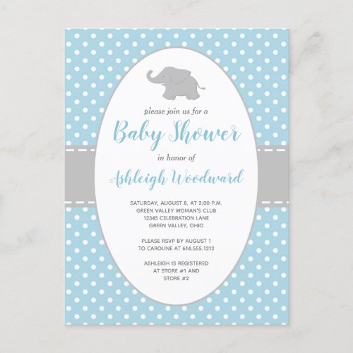 Cute Elephant Blue Polka Dot Boy Baby Shower Invitation Postcard