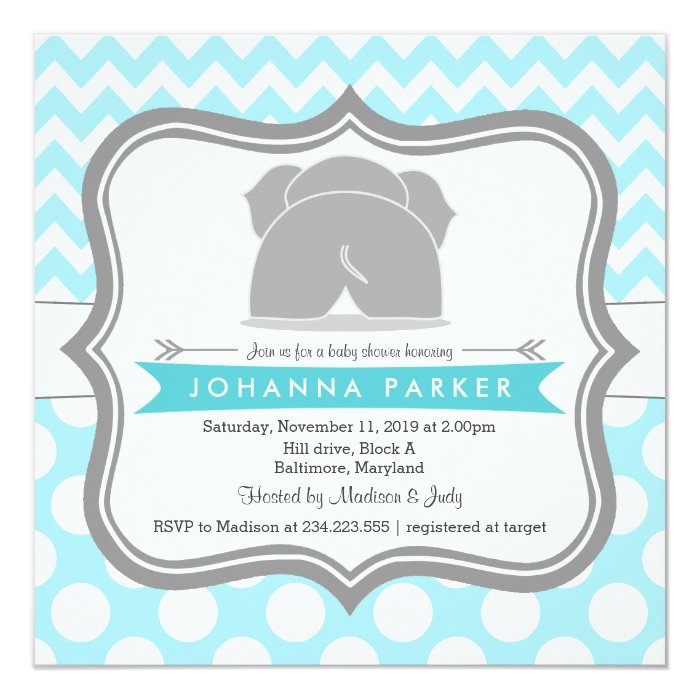cute elephant blue polka dots chevron baby shower card | zazzle cute elephant blue polka dots chevron baby shower card | zazzle, Baby shower invitations