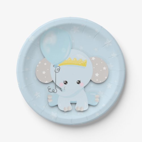 Cute Elephant Blue Stars Boy Baby Shower Paper Plates