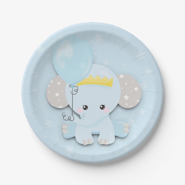 Cute Elephant Blue Stars Boy Baby Shower Paper Plates (Front)