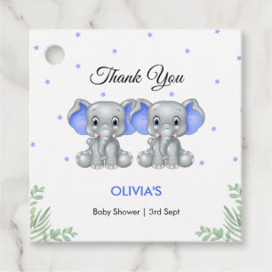 Cute Elephant Blue Twin Boys Baby Shower Favor Tags