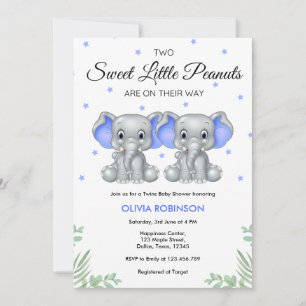 Cute Elephant Blue Twin Boys Baby Shower Invitation