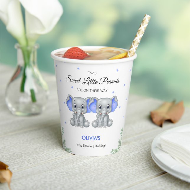 Cute Elephant Blue Twin Boys Baby Shower  Paper Cups (Insitu)