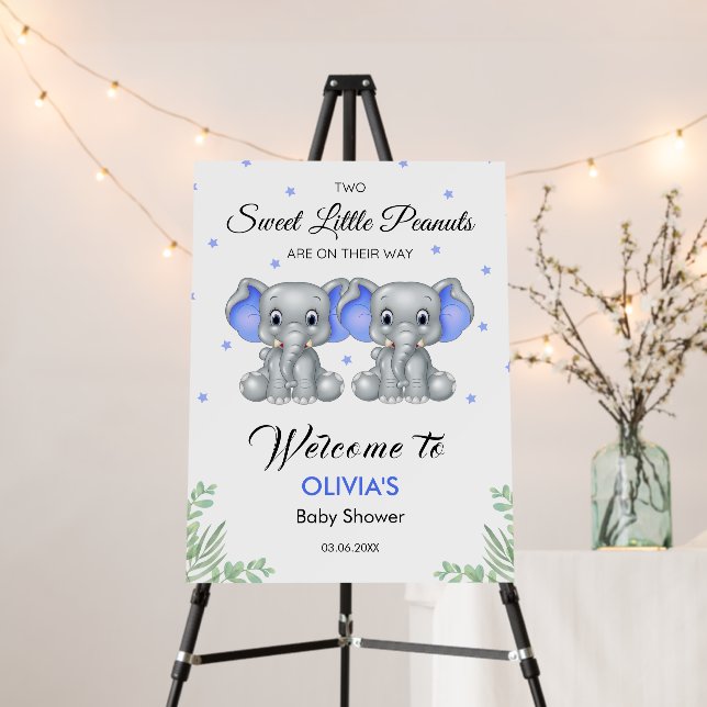 Cute Elephant Blue Twin Boys Baby Shower Welcome   Foam Board (In Situ (Stand))