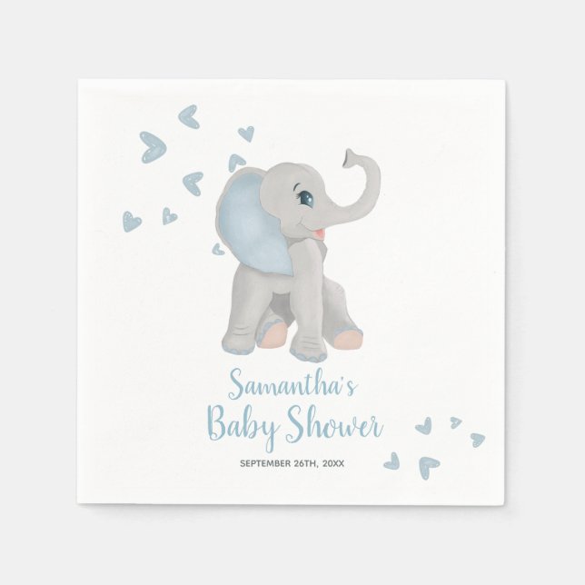 Cute Elephant Blue Watercolor Baby Shower Elegant Napkins (Front)
