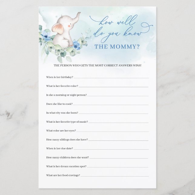 Cute elephant blue Well Do You Know The Mommy game (Front)